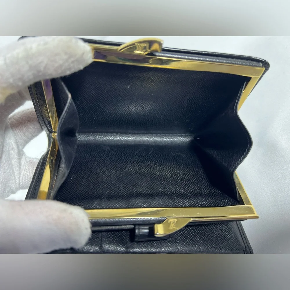 1144: Louis Vuitton Epi Black Leather French Purse Kiss Lock Wallet